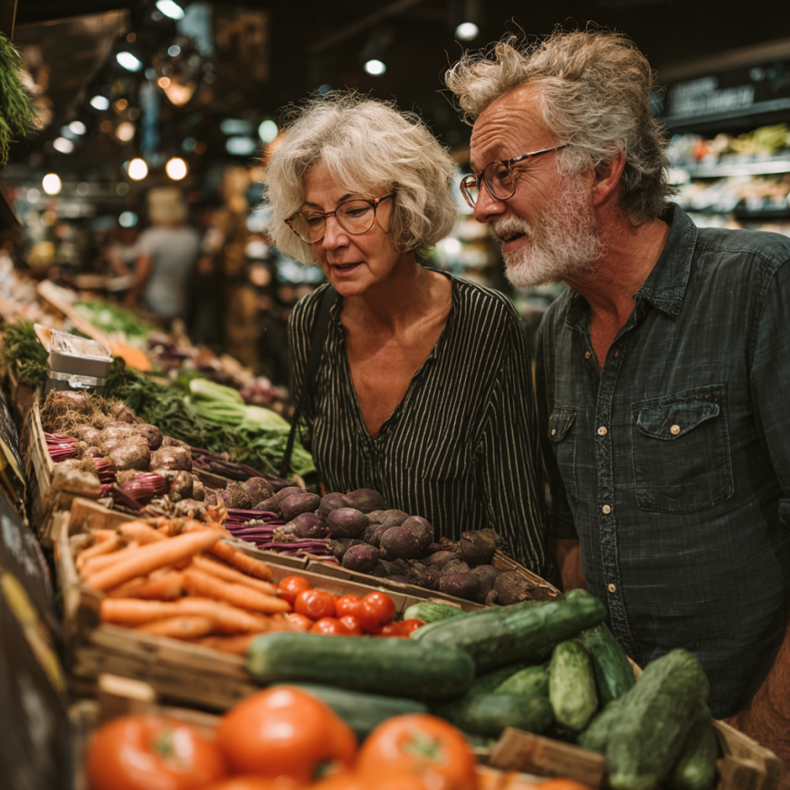 Щаслива літня пара готує здорову їжу разом